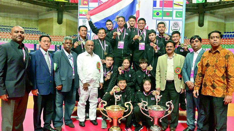 Thailand mens and womens teams with the sepak takraw World Cup in Hyderabad.