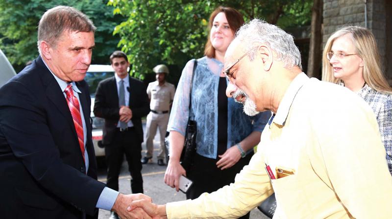 Daniel Carmon, Ambassador of Israel to India, Dana Kursh, Consul General of Israel in Bengaluru, and Prof G. Raghuram, IIMB Director, during the inauguration of the Israel Centre at IIMB in Bengaluru on Sunday (Photo: DC)