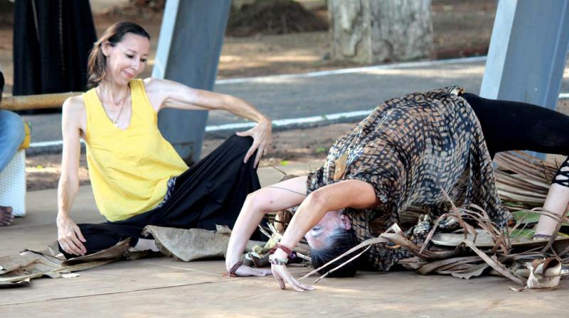 Murielle performs at Fe-Male Within with Butoh dancer Anais at Kochi-Muziris Biennale.