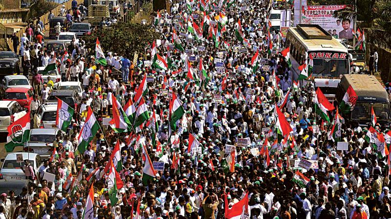Aerial view of Congress workers during their Jan Aakrosh rally in Mumbai on Monday (Photo: PTI)