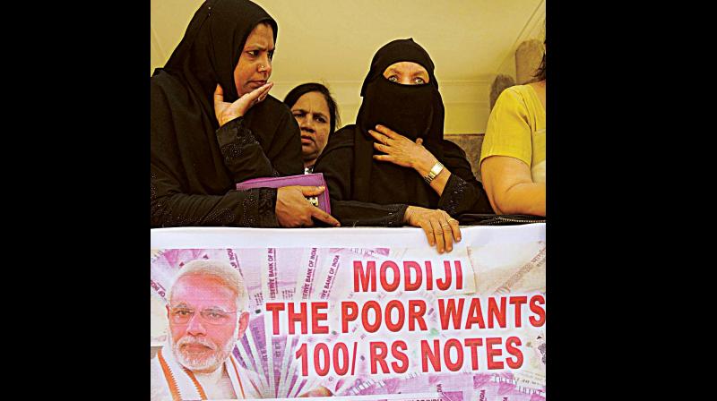 A view of the protest organised by the Congress party against the ban on Rs 500 and Rs 1,000 notes in Bengaluru on Monday.