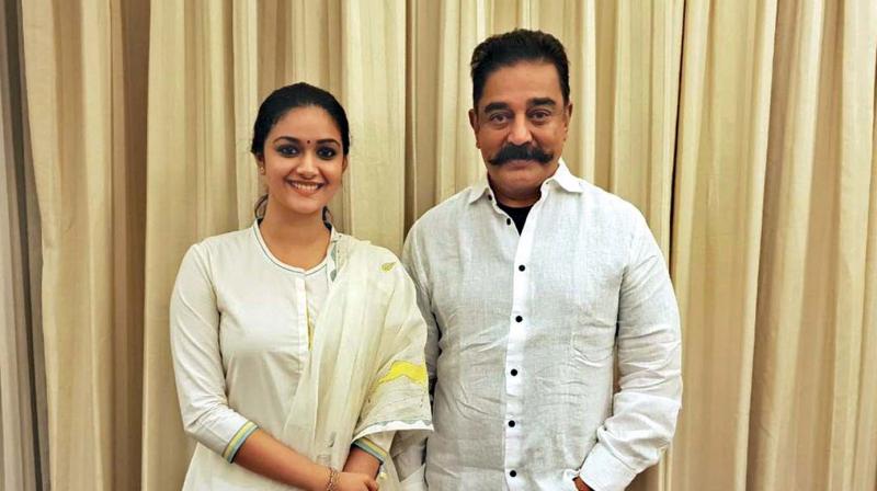 Keerthy took to her social media handle and posted a picture and wrote. â€œHappy and fortunate to get the blessings from Kamal Haasan sir on the occasion of Nadigaiyar Thilagam release. Thank you sir.â€