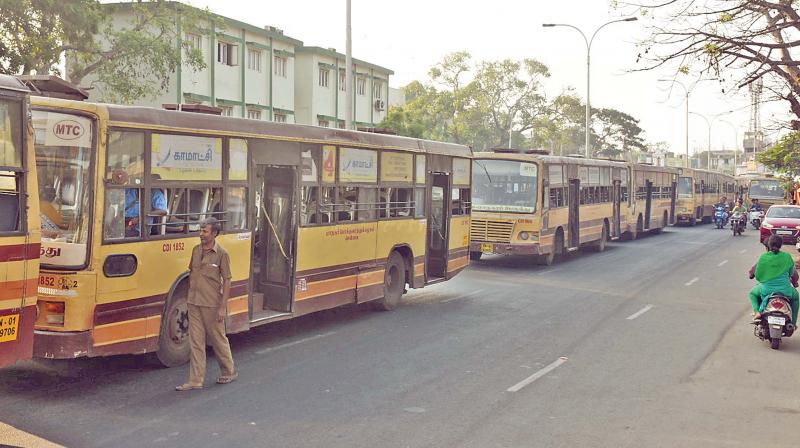 Buses were brought to the depots after the transport unions commenced strike from Sunday evening. A scene near the Pallavan House depot. (Photo: DC)