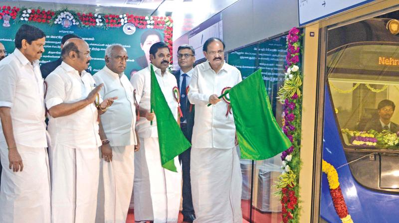 Union Urban Development minister Venkaiah Naidu and Chief Minister Edappadi K. Palanisami flags off the first underground metro rail services from Thirumangalam to Nehru Park on Sunday. (Photo: DC)