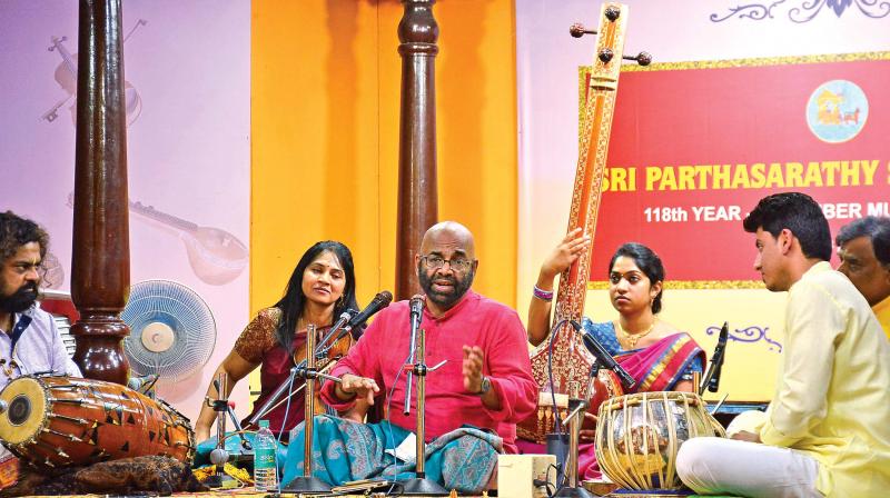 Carnatic vocalist Dr Sriram Parasuram performing at the annual music festival at Sri Parthasarathy Swami Sabha on Monday. (DC)