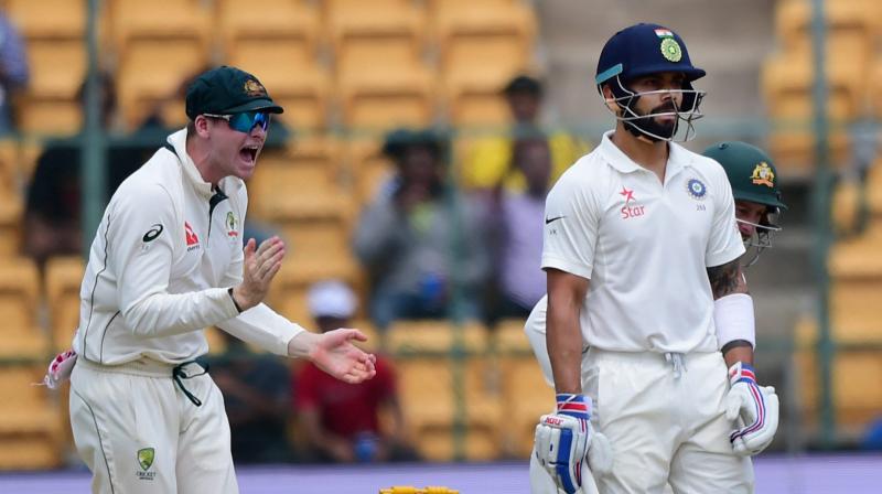 Virat Kohli did not offer a shot to a Nathan Lyon ball, thinking that it would go down the leg side. (Photo: PTI)