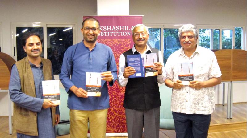 (From right) Nandan Nilekani launching Lt Gen Prakash Menons book, The Strategy Trap, in the presence of Nitin Pai, and Shobit Arya   (Image: DC )