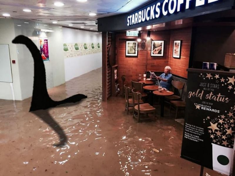 Man sits in cafe unfazed by floods, triggers epic Photoshop battle